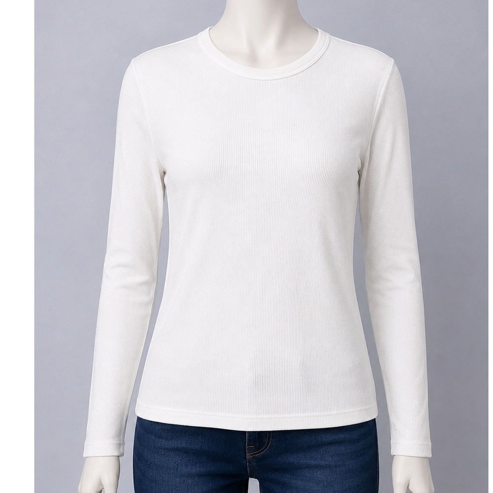 Uniqlo Womens Ribbed Long Sleeve Top White Crew Neck Minimalist M
